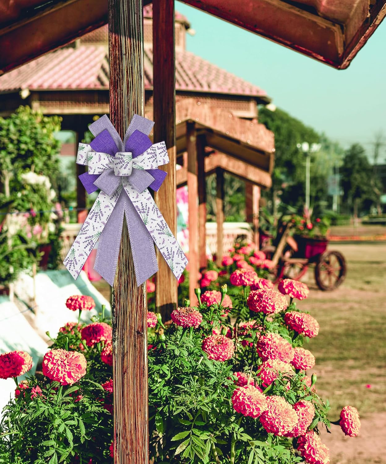 ABTOLS Large Floral Bows for Wreath, Purple Lavender Wreath Bows Purple Dot Bows for Front Door, Spring Flower Burlap Ornament Tree Topper Bows for Home Indoor Outdoor Decor - Image 5
