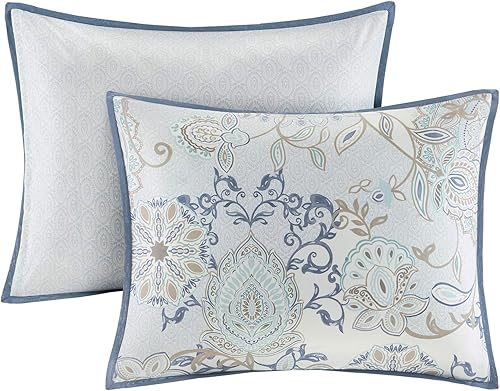 Miniatura 15 de Madison Park Juego de temporada, falda de cama a juego, almohadas decorativas, Queen (90 x 90 pulgadas), Isla, medallón floral azul, 8 piezas