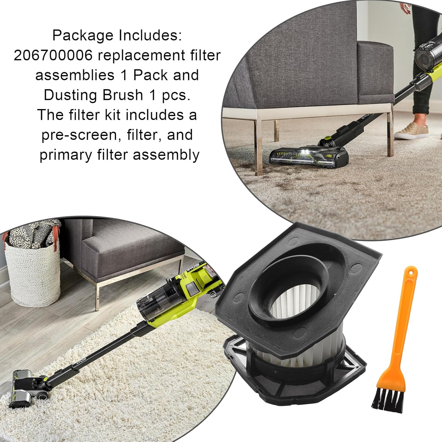 For Ryobi Vacuum Filter 2 HEPA Replacement Filters and 1 brush for RYOBI 18V ONE+ Compact Stick Vacuum P724/P724B (Replaces 206700006)