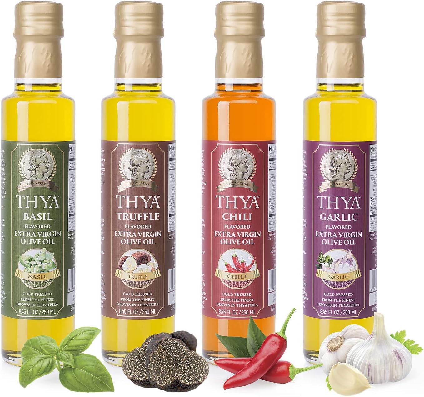 Thya Flavored Extra Virgin Olive Oil Variety Pack: Garlic, Chili Pepper, Truffle, Basil | First Cold Pressed Olives | EVOO Value Pack | 4 Bottles of 8.45 Fl oz each | Total 33.8 Fl oz