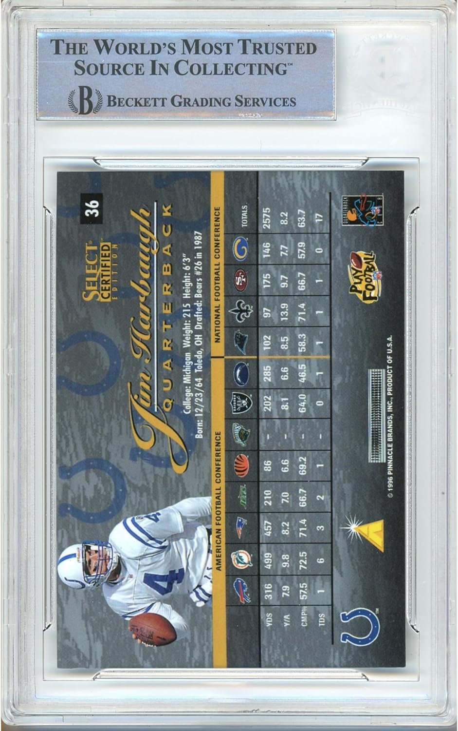 Jim Harbaugh Autographed 1996 Pinnacle Select Certified #36 Football Trading Card Slab Beckett BAS Authentic Slabbed COA Played For Indianapolis Colts NFL