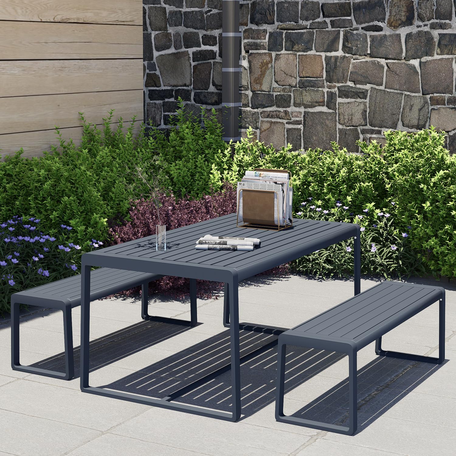 Amazon.com: Aoodor Outdoor 3-Piece Aluminum Picnic Table Set, Rectangular Patio Dining Table ...