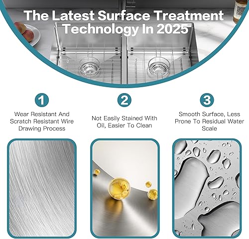 Vista 30 de Fregadero de cocina de acero inoxidable S304 de calibre 16 de 33 x 22 x 10 pulgadas, hecho a mano, moderno, con accesorios y fregaderos de cocina