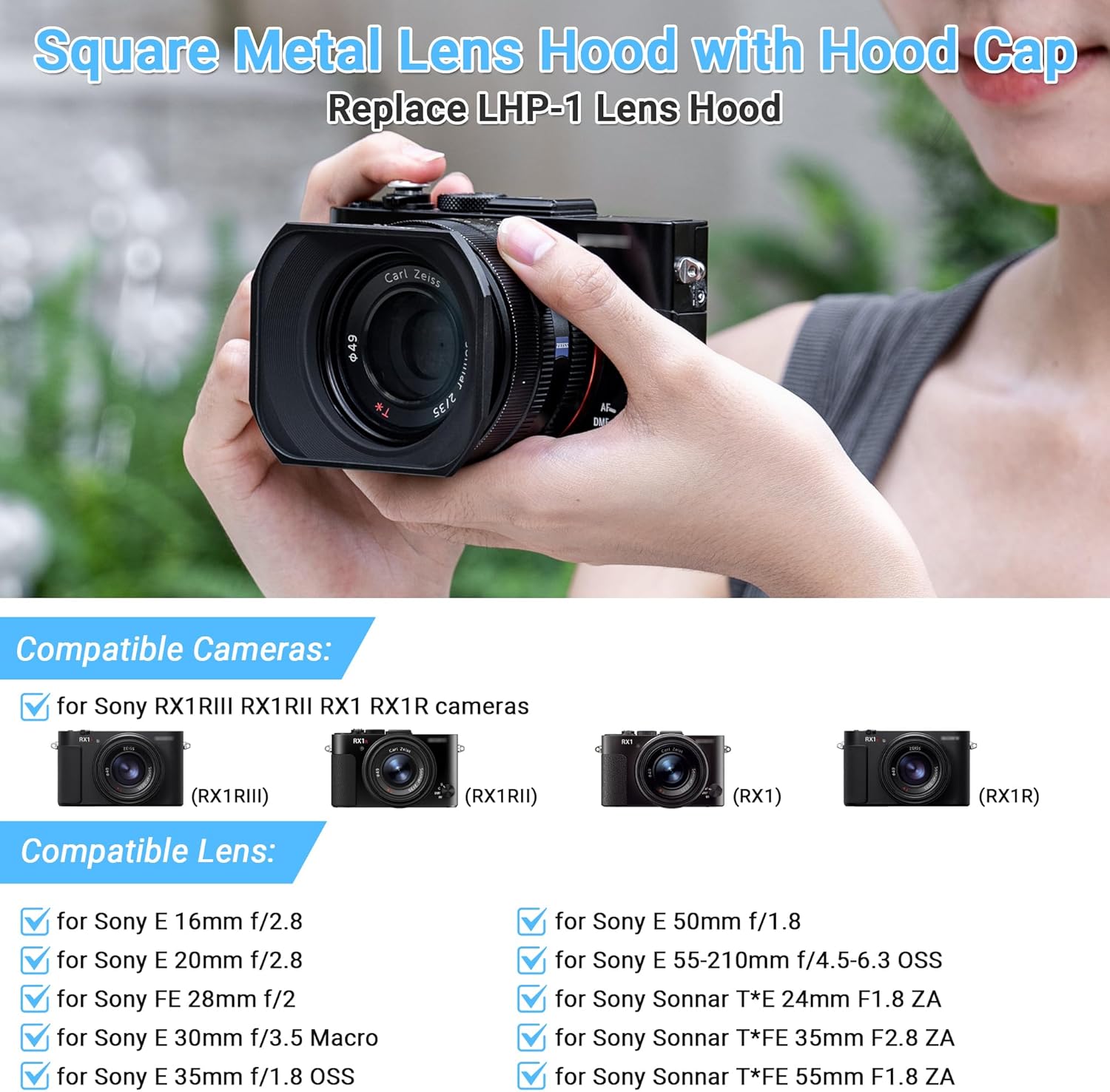 Square Metal LHP-1 RX1R III Lens Hood Shade Protector with Hood Cap for Sony RX1R III II RX1 RX1R RX1RIII RX1RII Camera,Protective Cover for Sony E 55-210mm F4.5-6.3 OSS E 35mm F1.8 OSS E 50mm F1.8