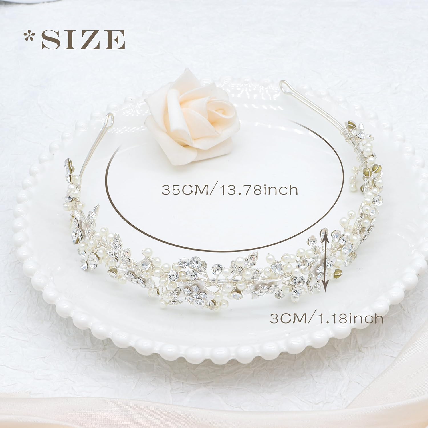 Oriamour Wedding Headbands Bridal Pearl and Crystal Floral Hair Accessories Bridal Headpieces For Bride Women Party Prom (Silver, 18'')