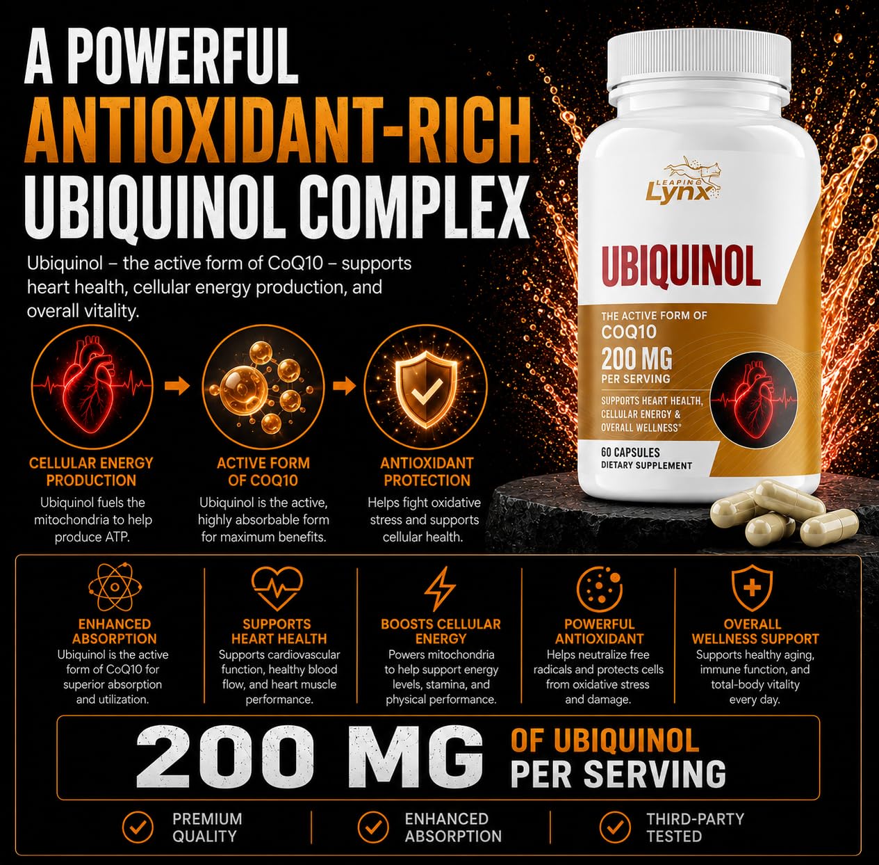 Leaping Lynx Ubiquinol CoQ10 200mg Supplement – Active Coenzyme Q10 for Heart Health, Cellular Energy, Cardiovascular & Antioxidant Support – High Potency CoQ10 Ubiquinol, 60 Capsules — Amazon image 5