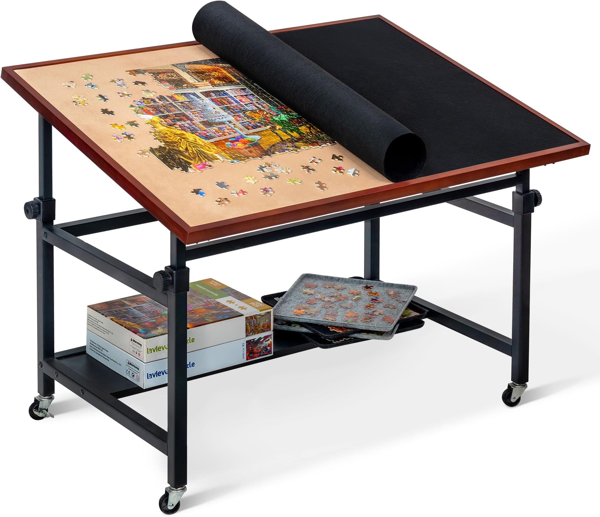 Jigsaw Puzzle Board with Cover, Angle & Height Adjustable Puzzle Board Easel with Open Storage Shelf, Large Tilting Jigsaw Tables with 4 Rolling Wheels for Up to 1500 Piece Puzzles