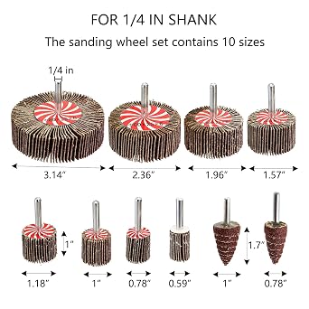 Hedume 20 Pcs 10 Sizes Abrasive Flap Wheel Sander Set, 80 Grit Sanding Flap Wheel, 1/4 Shank Flap Wheels Sander for Metal Wood Drill, Remove Rust