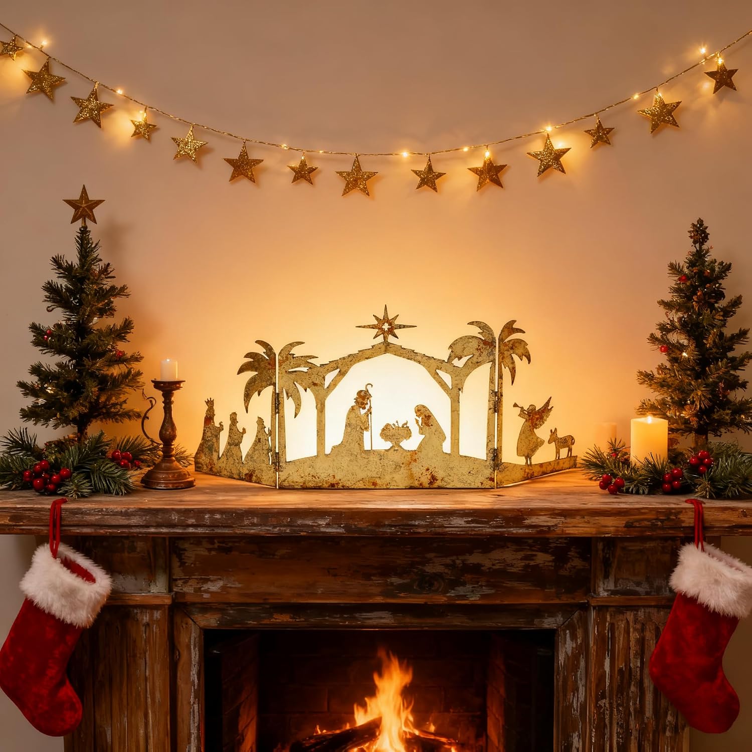 19" Metal Christmas Holiday Scene - Trifold Nativity Silhouette, Vintage Xmas Decor for Farmhouse Indoor Tabletop, Mantel, Shelf Display & Home Accent