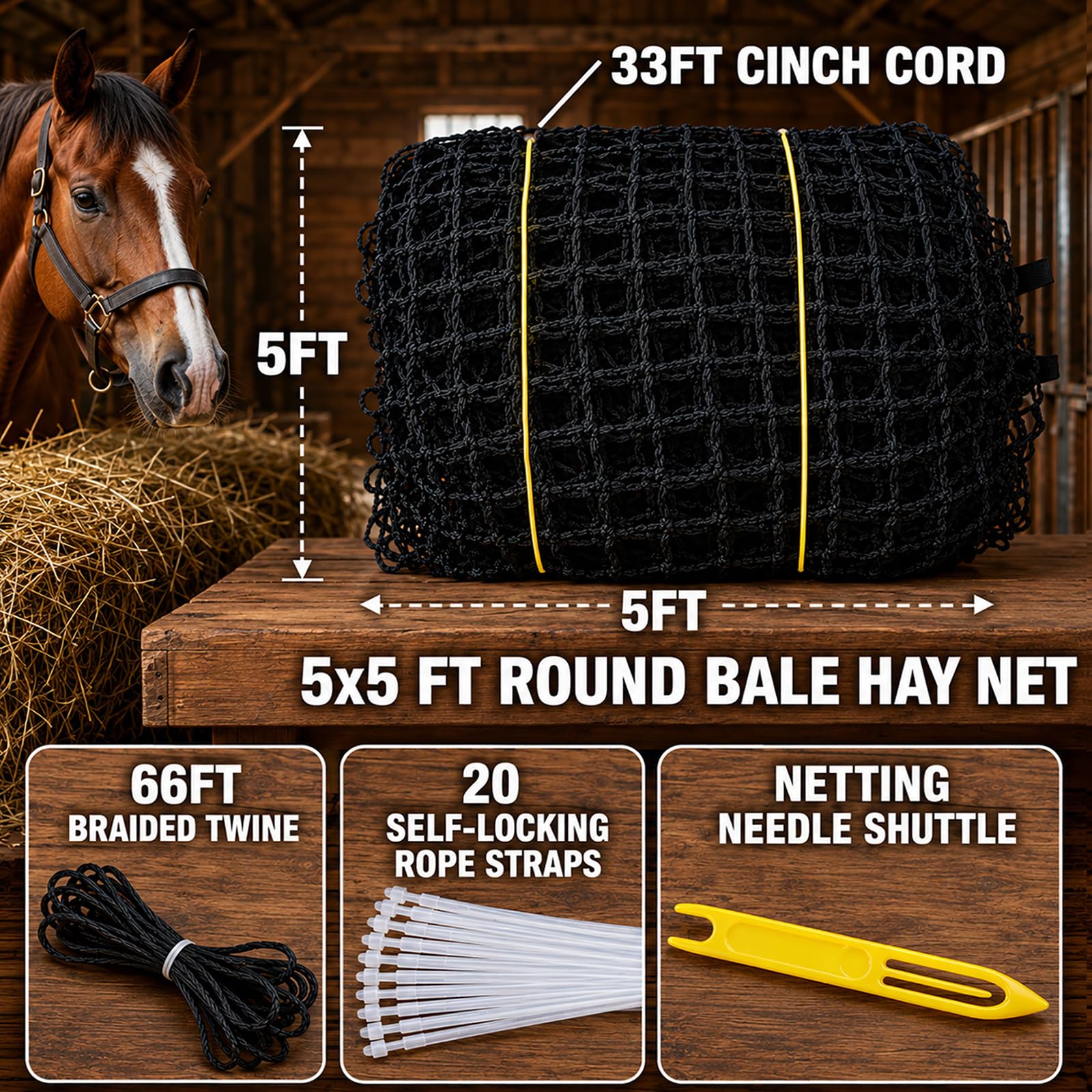 Red de heno redonda de 5 x 5 pies para caballos y cabras, redes de heno de alimentación lenta Hloes de 1.5 pulgadas con herramienta de reparación de red de heno
