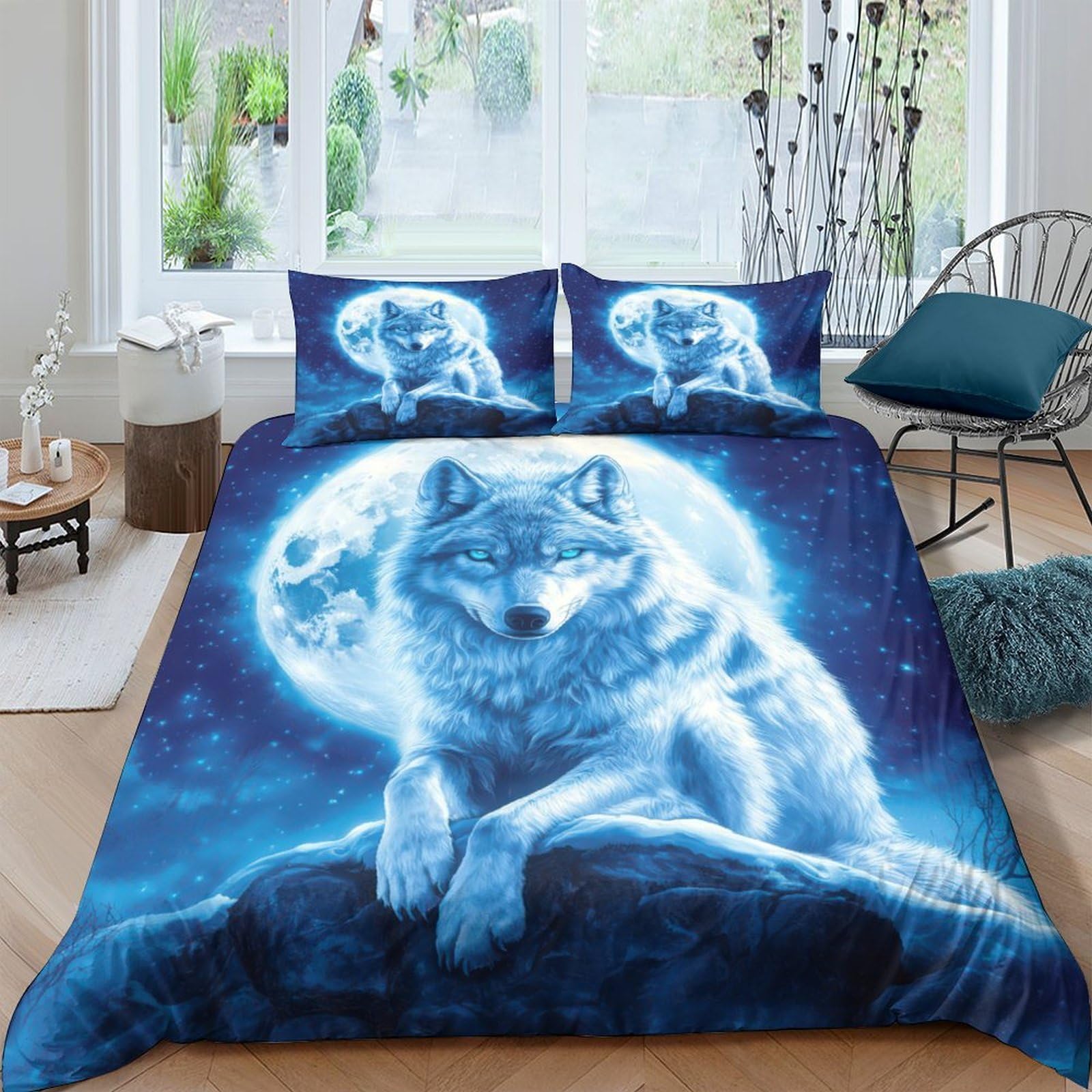 Ctjqhvkz Style-10 3D Printed Blue Wolf Moon Fitted Sheet Microfiber Anti-Slip Bed Sheet For Bedroom Dorm Mattress Protection Decor Single（135X200cm）