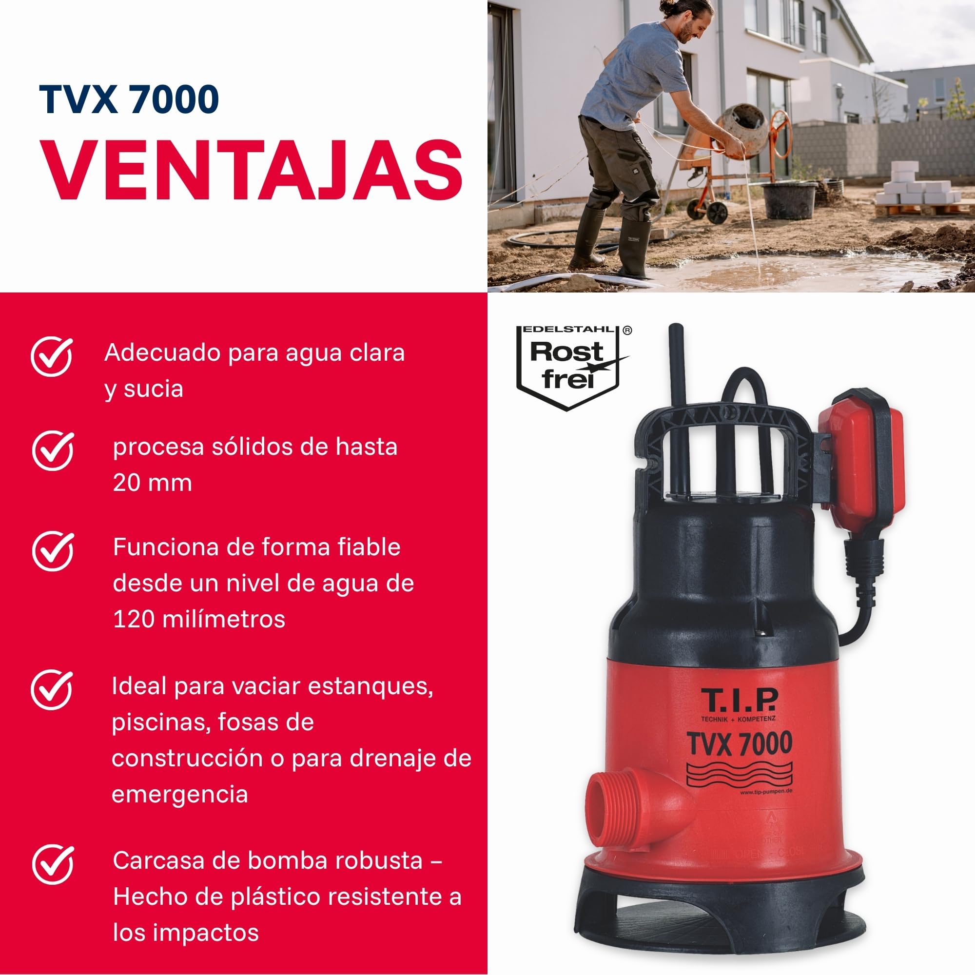 T.I.P. 30268 Bomba de inmersión para aguas residuales TVX 7000