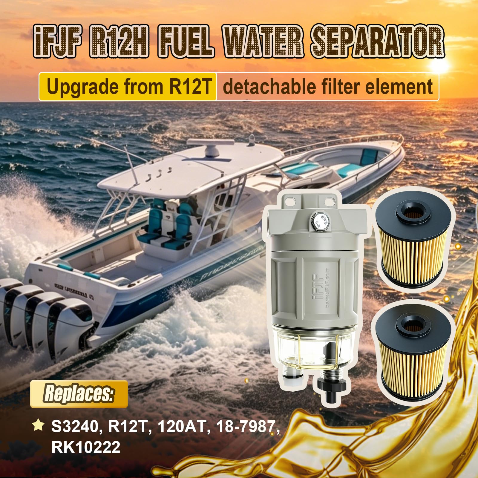 iFJF R12H (R12T Upgrade) Separador de agua combustible marino Combo completo – Sustituye a S3240 120AT NPT ZG1/4-19 filtro giratorio de repuesto automotriz incluye 2 accesorios y 2 enchufes