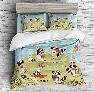 REALIN Cute Raccoon Duvet Cover Set Cartoon Raccoon Animal Bedding Girl Boy Kids Bed Sets 2/3/4PCS Quilt Covers/Sheets/Pillow Shams,Twin/Full/Queen/King (C,Queen-228x228cm-3PCS)