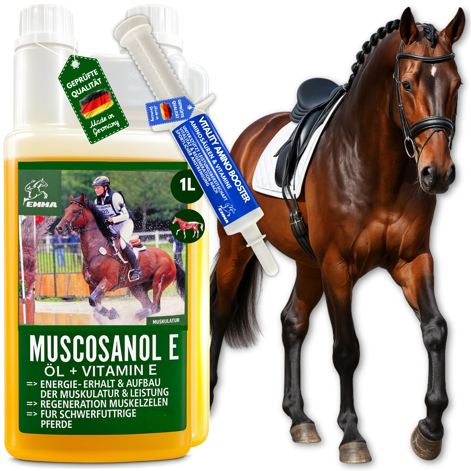 Aceite de Germen de arroz para Caballos + Booster I Vitamina E Caballo I Aceite de linaza I vitaminas para el Rendimiento musculación I para el músculo I Aceite Omega 3 pienso reconstituyente 1L30ml