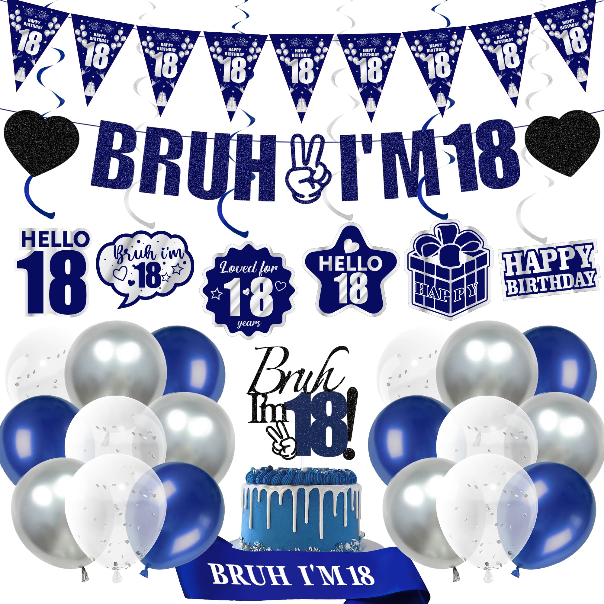 18th Birthday Decorations Balloons Boy - 28 Pcs Blue Glitter Bruh I'M 18 Banner Swirl Hangings Confetti Balloons Sash Cake Topper for Boys Girls Adult Years Old Birthday Party Decor Supplies โ image 1
