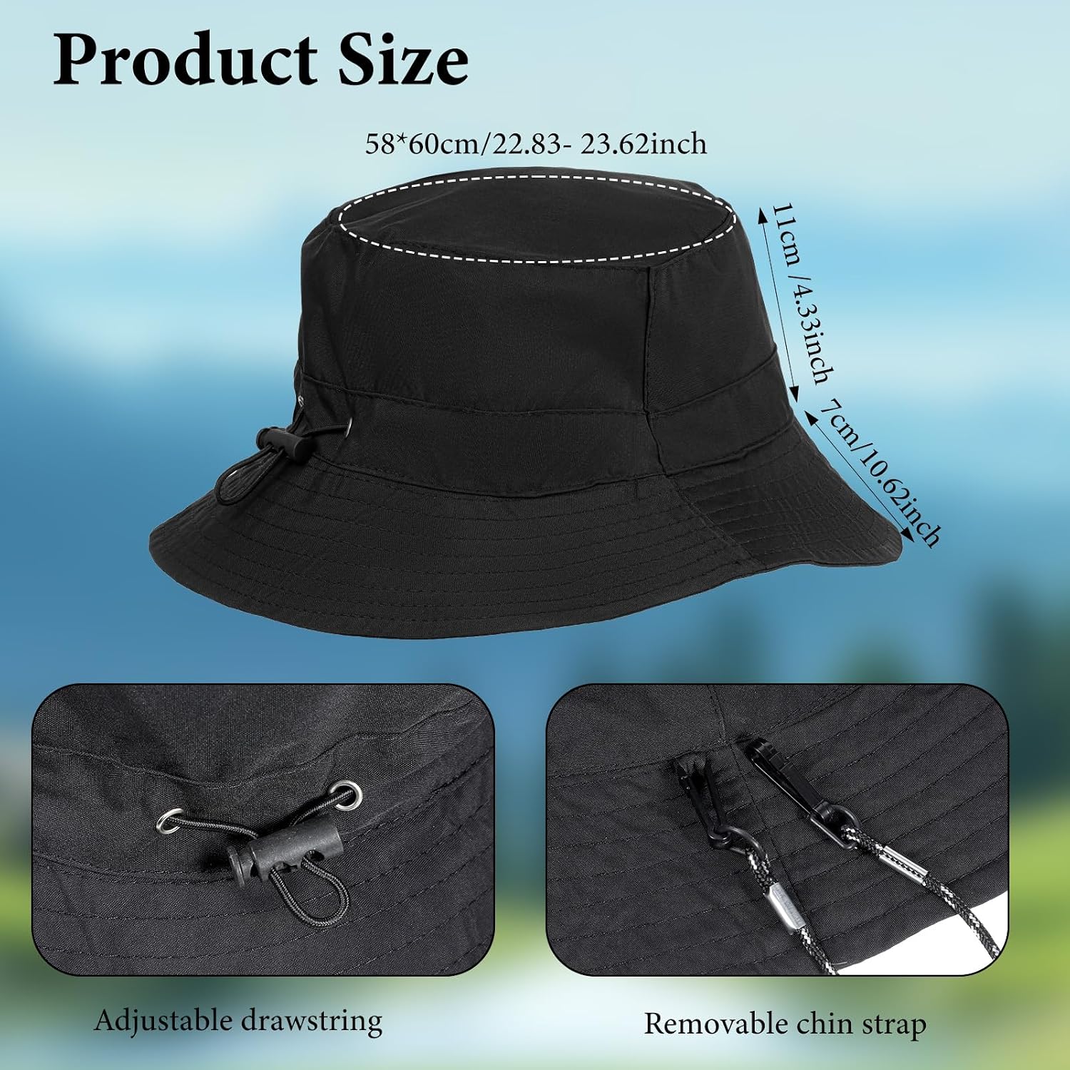 Packable Sun Bucket Hat for Women - Waterproof Quick Dry Bucket Hats, Lightweight UV Protection Hat with Detachable Chin Strap (Black)
