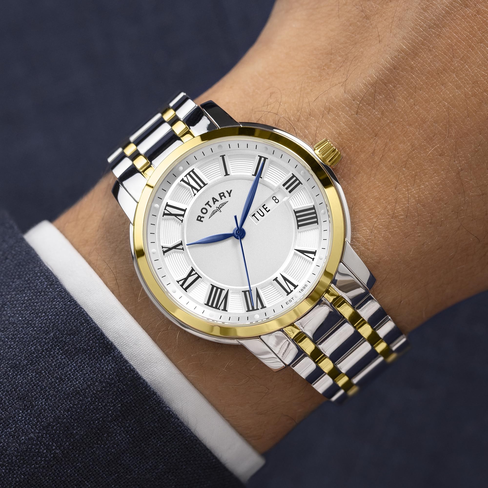 Rotary Heritage, orologio da uomo in acciaio inox placcato argento e oro