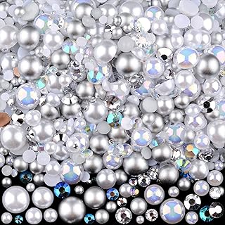 Kikonoke 75g Mix Resin Pearls Rhinestones Kit, 3-10mm Half Pearls and 2-6mm Flatback Rhinestones for Nail Art Decoration Shoes Clothes Tumblers Scrapbooking Craft DIY (White)