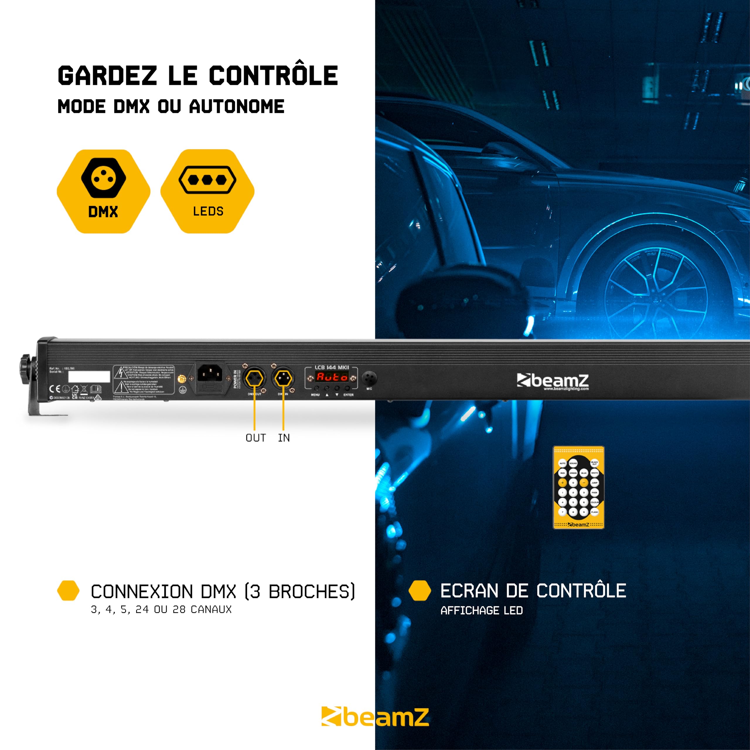 BeamZ LCB144 Barre LED RGB 144 LEDs - Modes DMX ou Autonome, 8 Sections Contrôlables, Fonction Maître/Esclave, Affichage LED, Télécommande Incluse, Idéal comme Jeu de Lumière pour vos Soirées