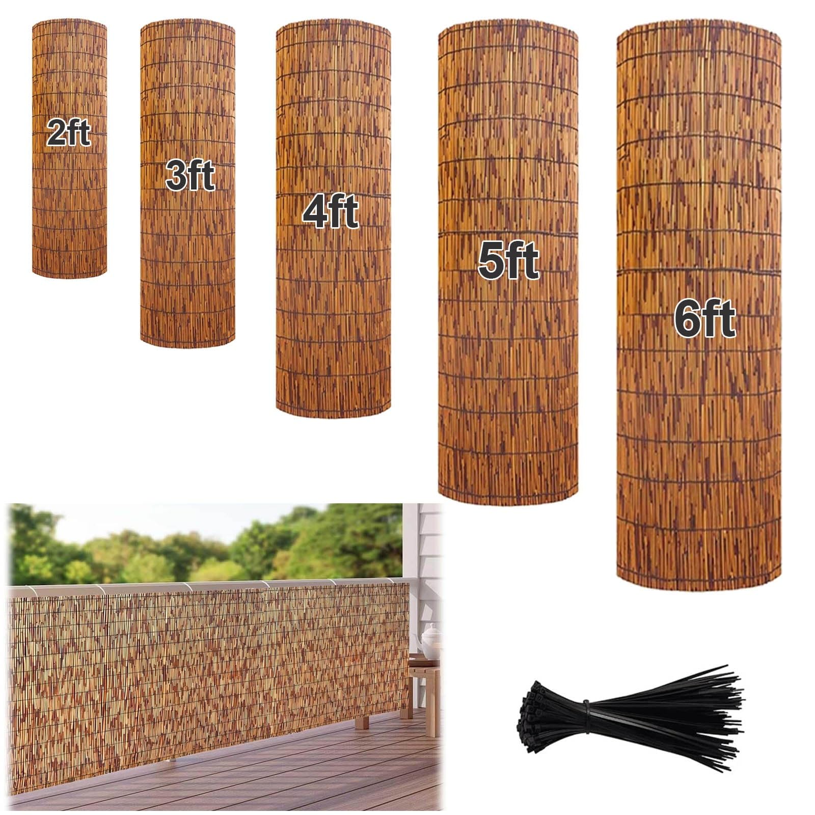 Natural Bamboo Fencing, Rolls Decorative Fences, Bamboo Screening, High 2ft 3ft 4ft 5ft Bamboo Fence with Nylon Black Cable Ties Cord for Outdoor