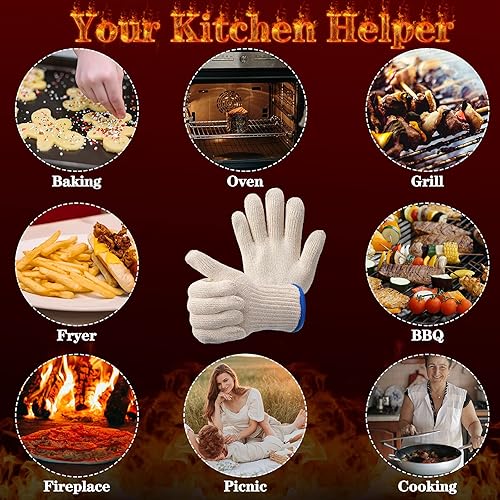 Miniatura 7 de SATINIOR 4 pares de guantes de horno resistentes al calor para cocinar a la parrilla, guantes de cocina gruesos con temperatura de hasta 480 grados