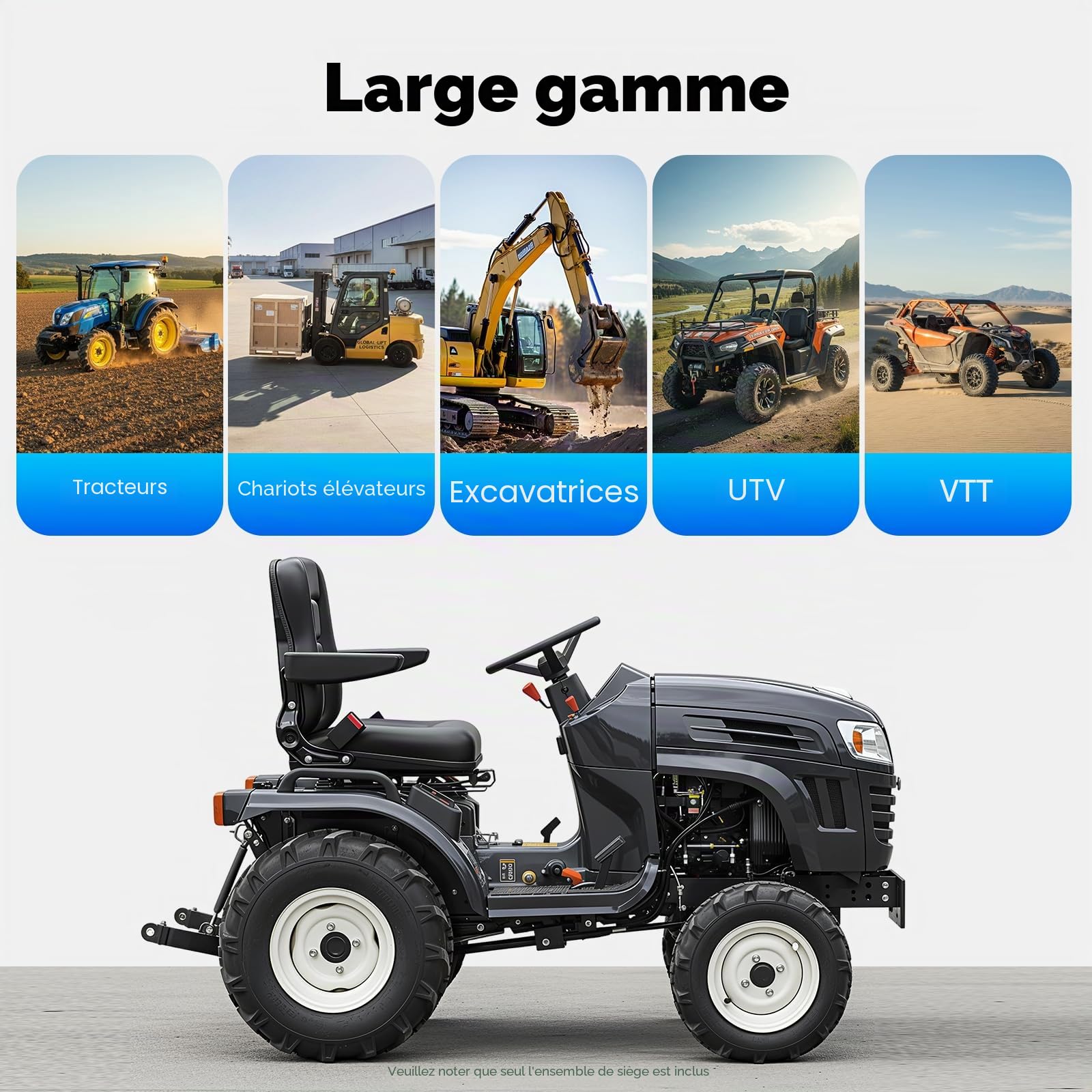 Siège de tracteur avec accoudoirs spécialement conçu pour tracteurs et chariots élévateurs avec dossier réglable de 35 à 180 °, capacité de charge 100 kg, Siège de conducteur pour engins de chantier