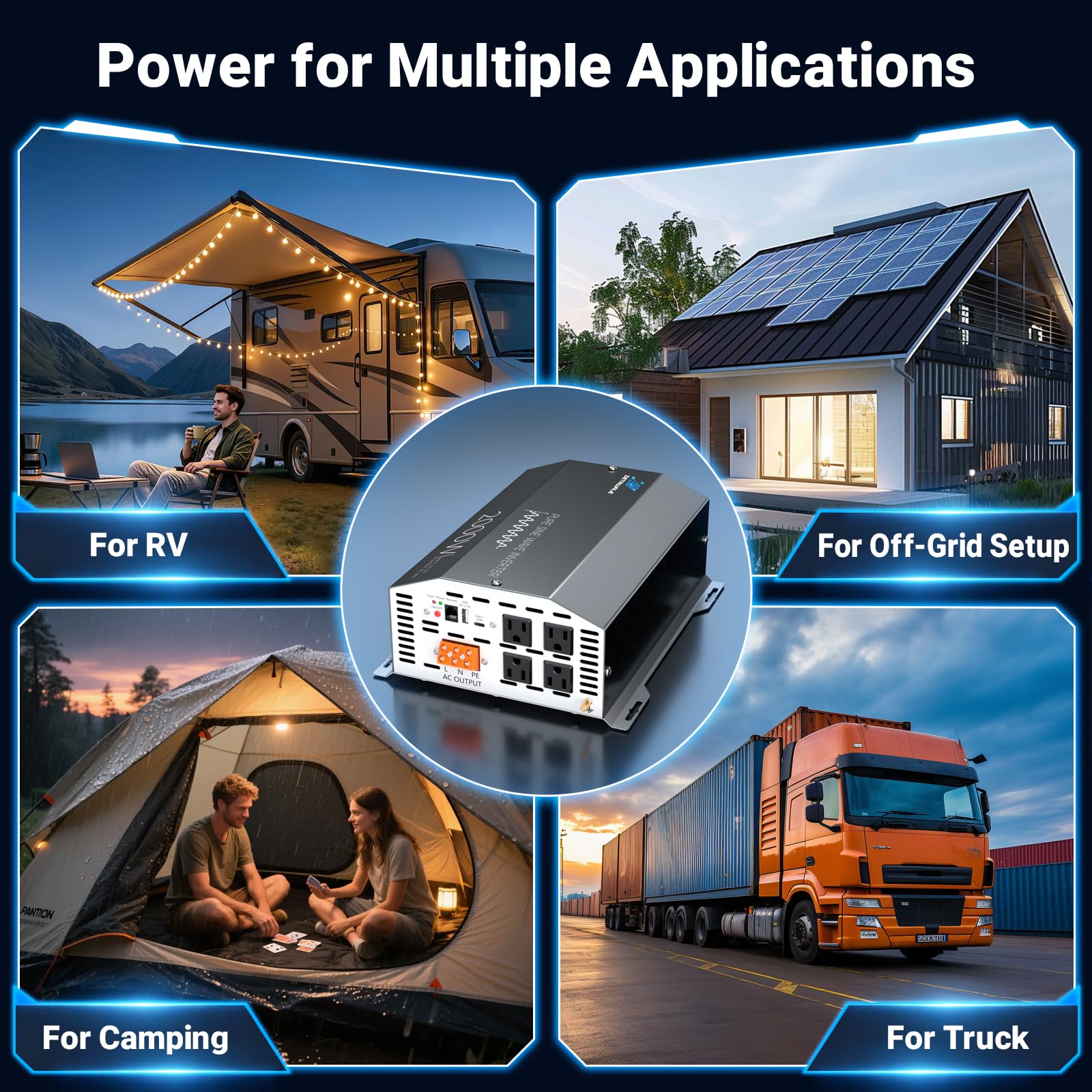 2000W 12V DC 110V 120V AC 4 wyjścia AC, USB Type-C, zdalne sterowanie LCD do ciężarówki, RV