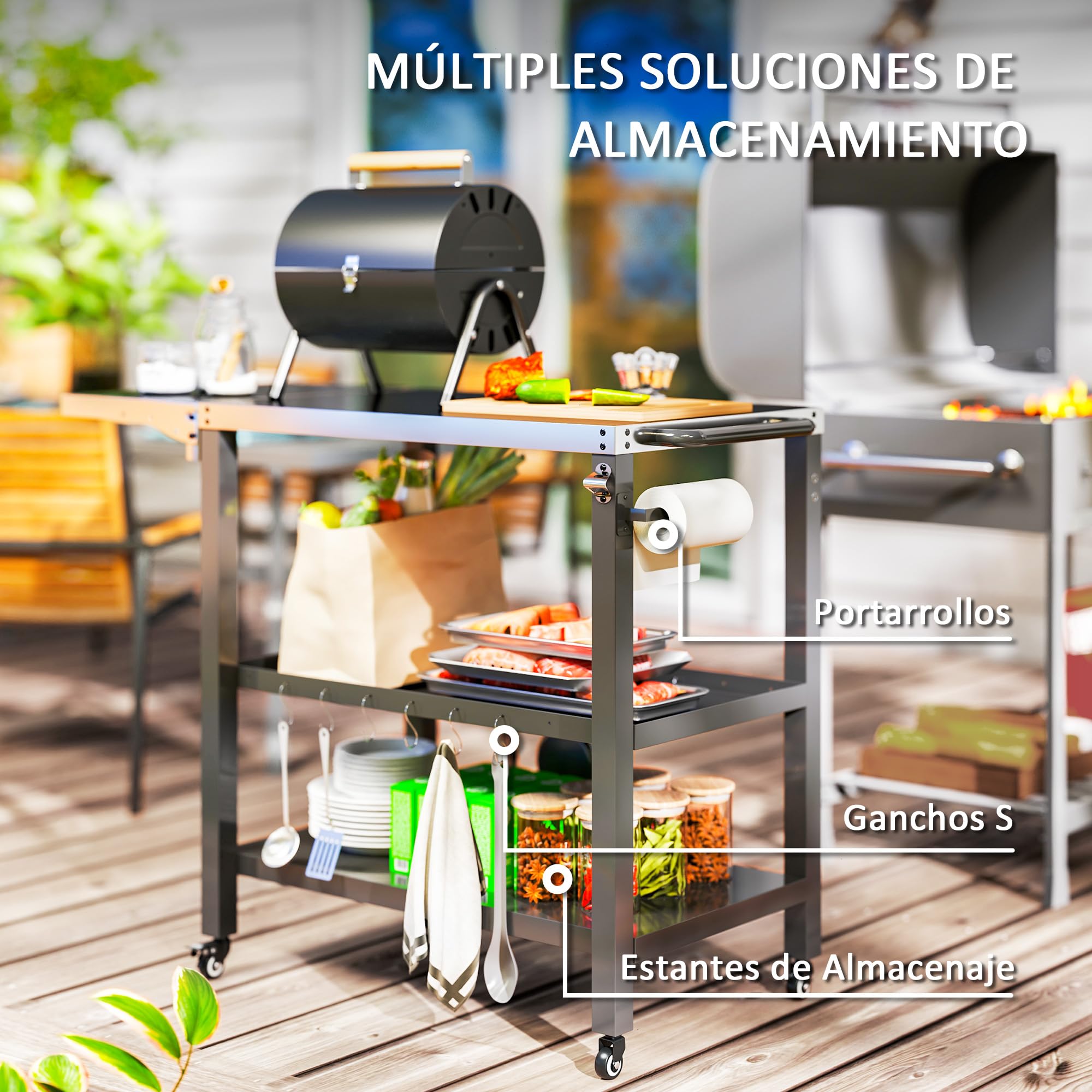 Outsunny Carrito de Parrilla de 3 Niveles Carrito de Barbacoa Carro de Servicio con Ruedas Estantes Encimera de Acero Inoxidable Lateral Plegable y Asa Mesa de Horno de Pizza para Jardín Patio Negro