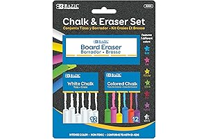 BAZIC Products Colored (12 Pcs) + White (12 Pcs) Chalk + Premium Chalkboard Eraser Bundle