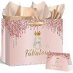 Yoirrat Rose Gold 8th Birthday Gift Bag for Girls - Large Pink Happy Birthday Gift Bag with Wrapping Paper and Card for Decorations Party Supplies