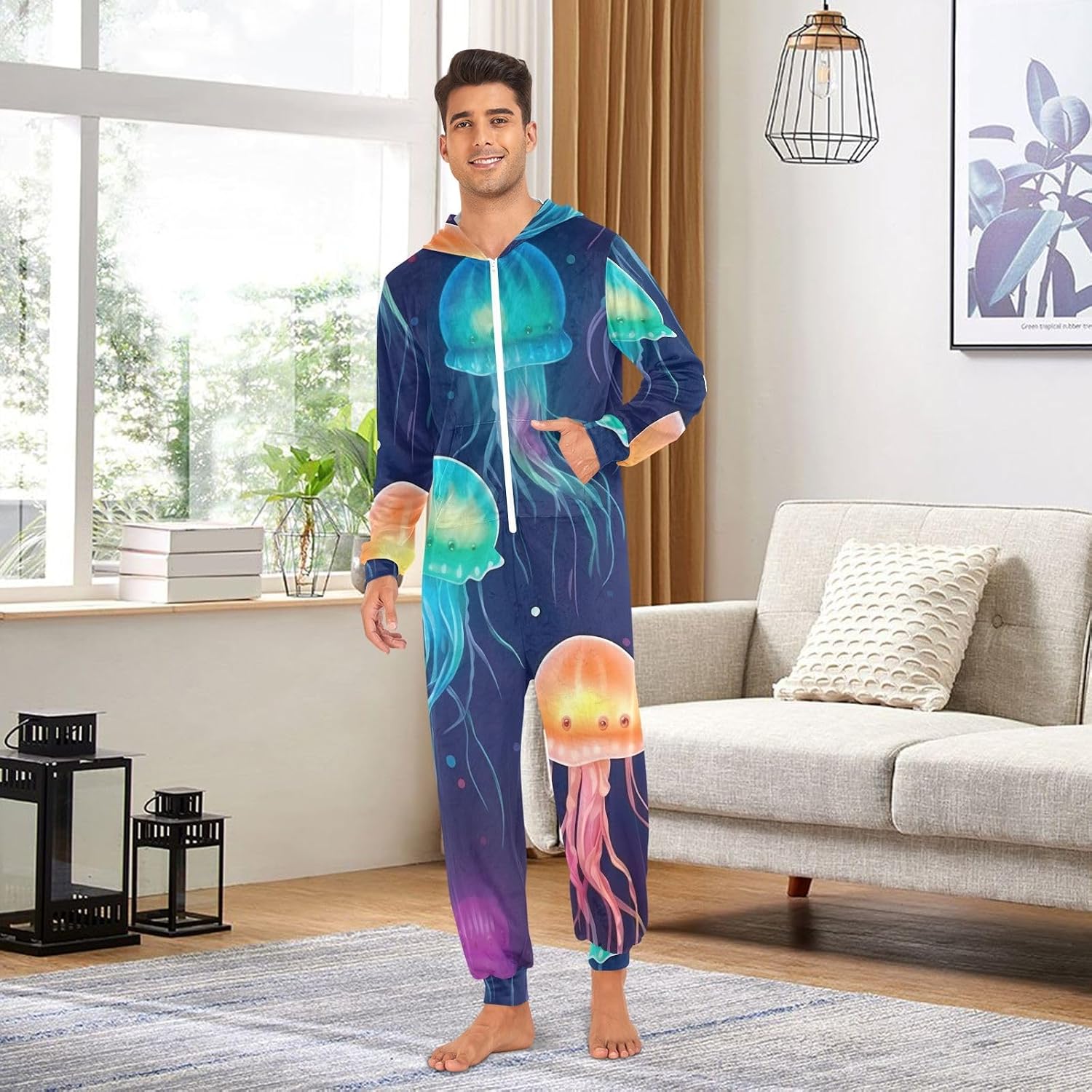 GAIREG Jellyfishes Adult Onesie Pajamas, Soft Crystal Velvet One Piece Jumpsuit Sleepwear for Men Women