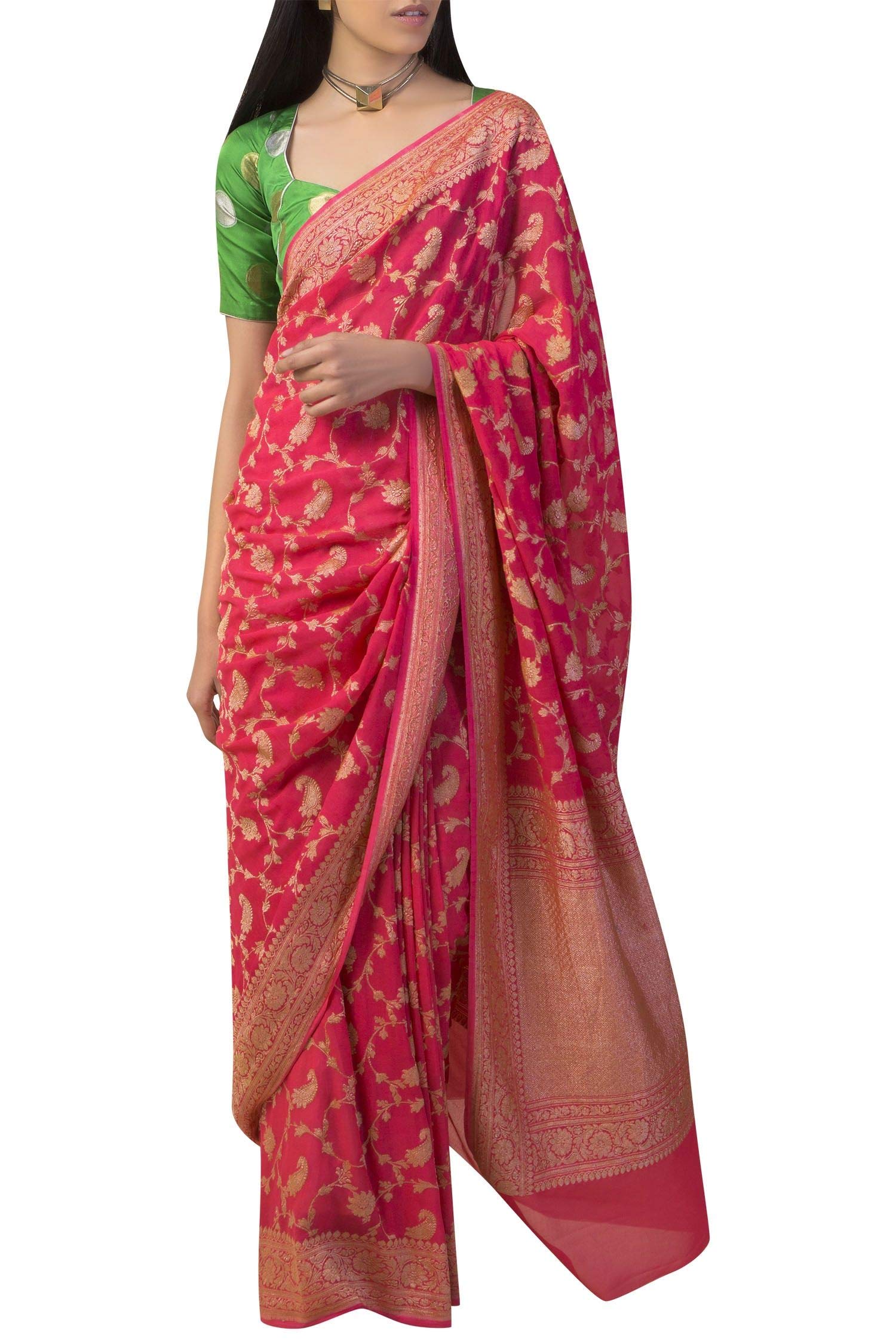 ROYAL COUTUREWomen's woven jaal saree with blouse ( coral red )