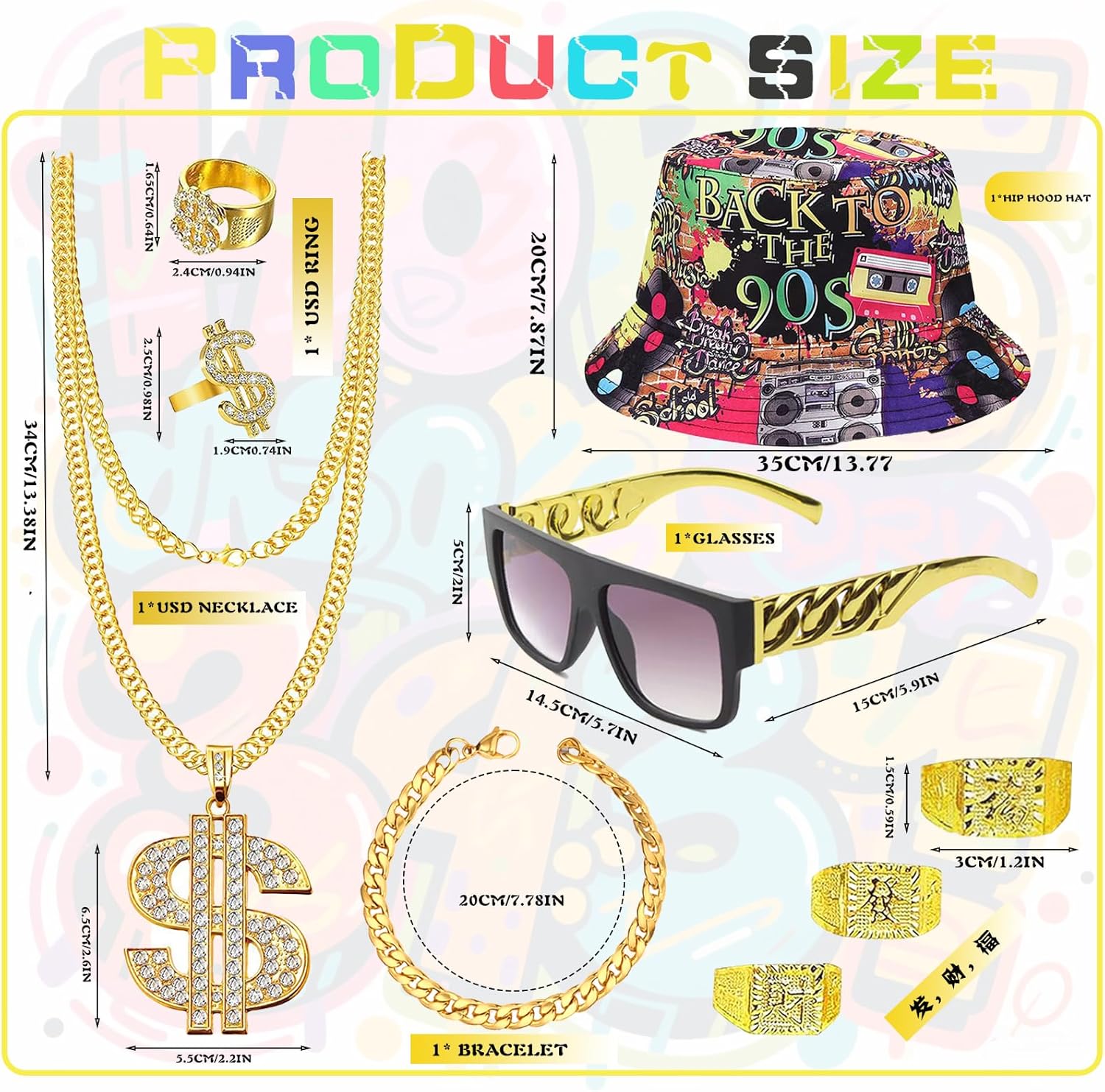9 stuks pooierkostuum accessoires, hip hop kostuum voor heren, jaren 80 en 90 outfit voor heren, gangster gouden ketting, ring, bril, carnavalsfeest, M
