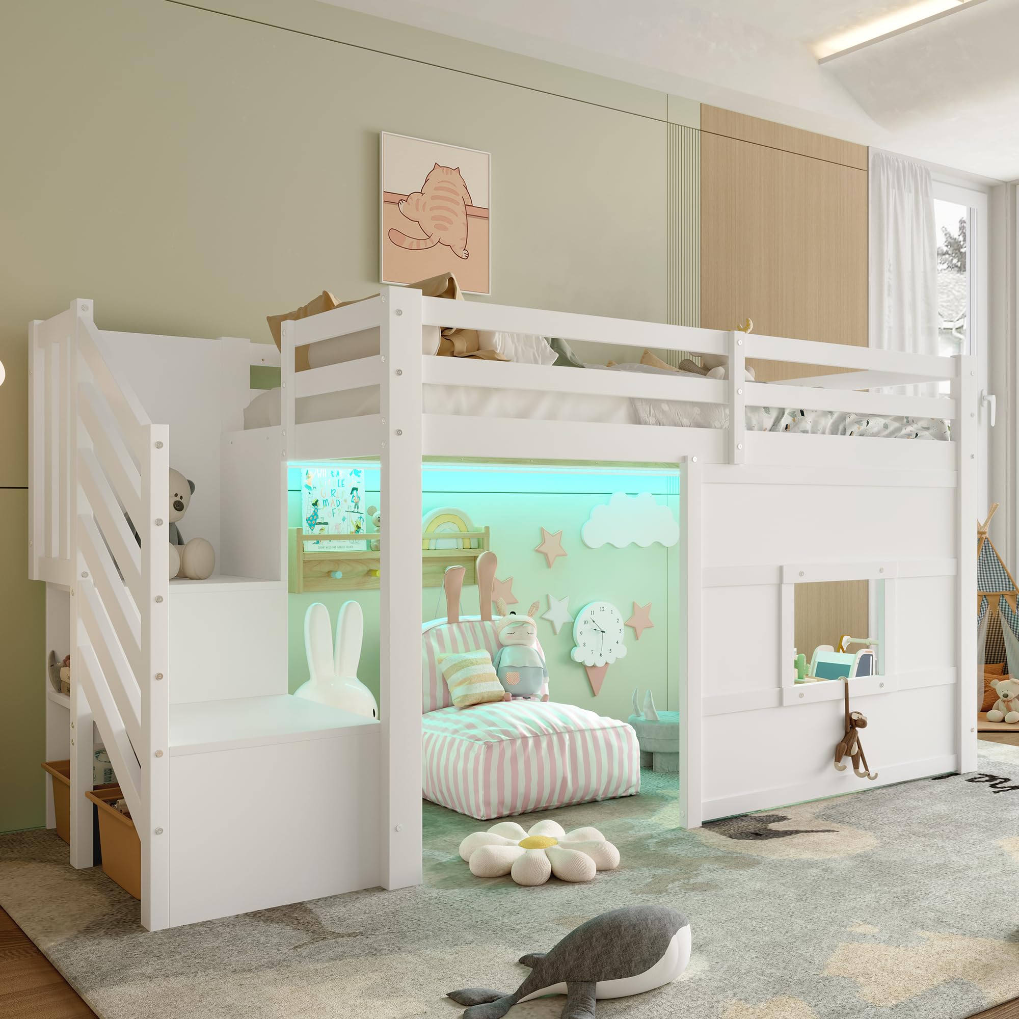 Sapgaks Lit Mezzanine Enfant 90x200 avec éclairage LED,lit mi Hauteur avec escalier de Rangement et fenêtre,Cadre de lit Enfant 90x200 (J-Blanc 90)