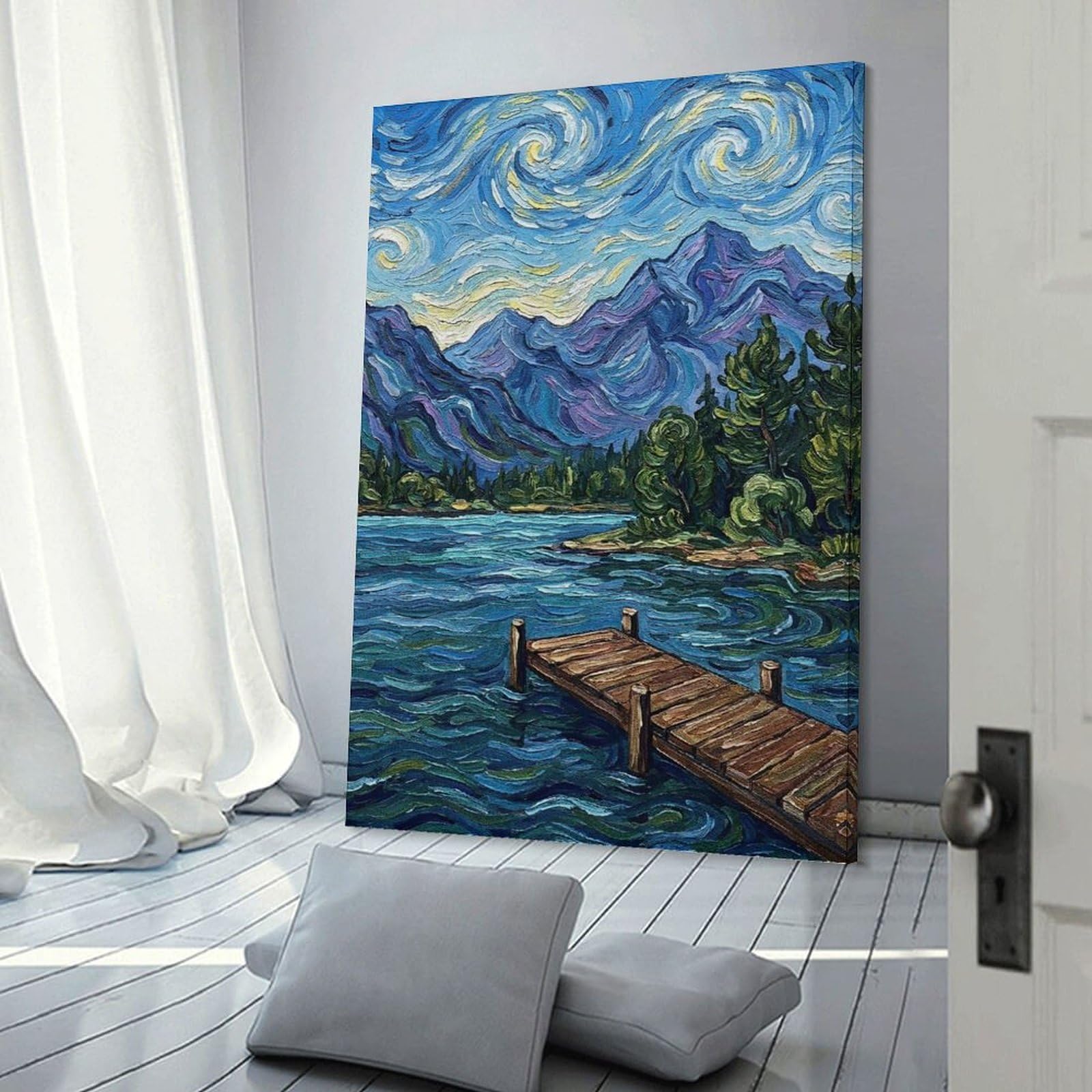 Junmoney Home Decor Wall Art Starry Night Inspired Lake Landscape, 24x36inch(60x90cm), for New Homes, Bedrooms Or Workspaces, Decorative Present for New Homes