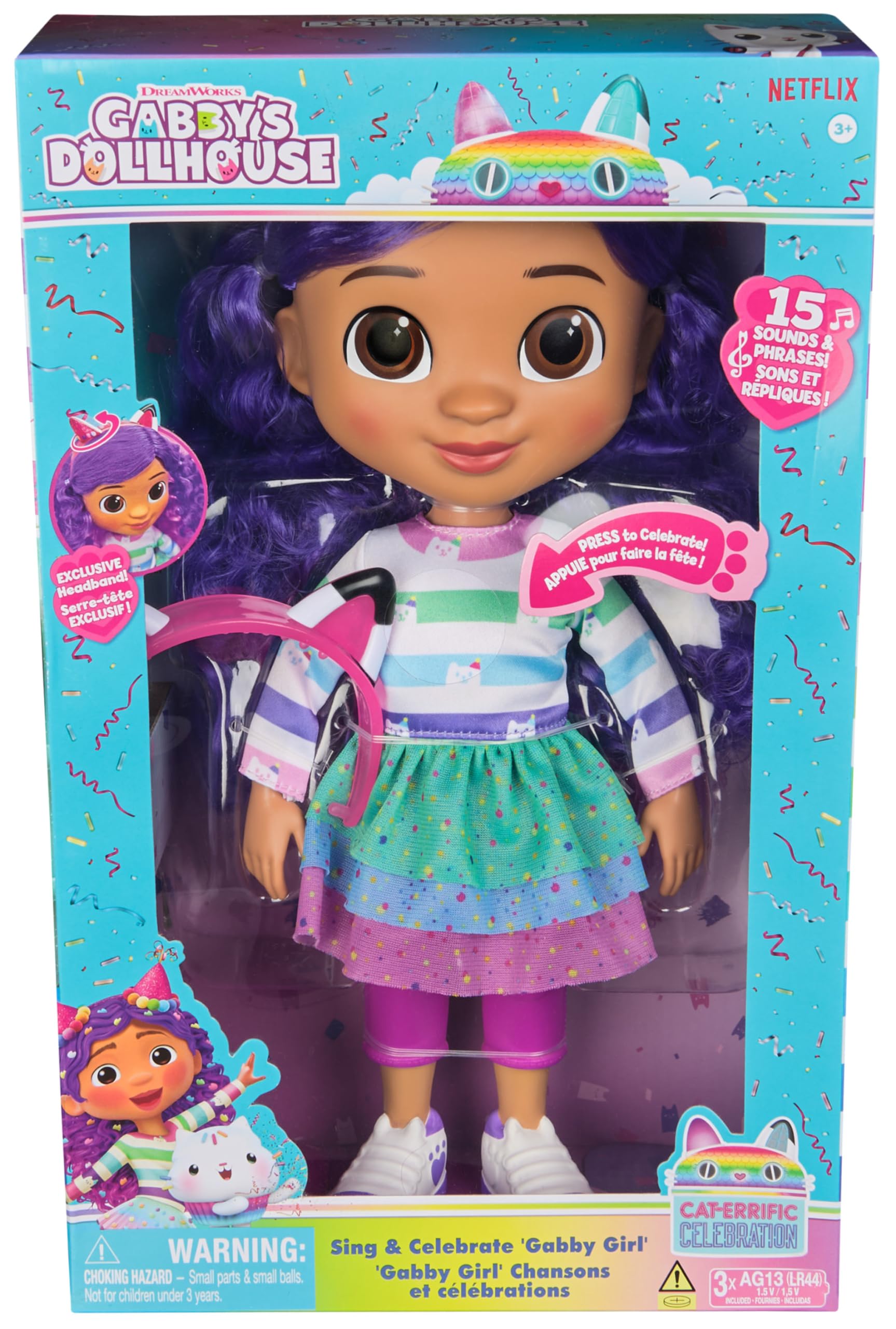 Gabby's Dollhouse, Bambola Gabby Girl Musica e Festeggiamenti, Alta 33 cm con Effetti sonori e Orecchie da Gatto reversibili, Giocattoli per Bambine e Bambini dai 3 Anni in su