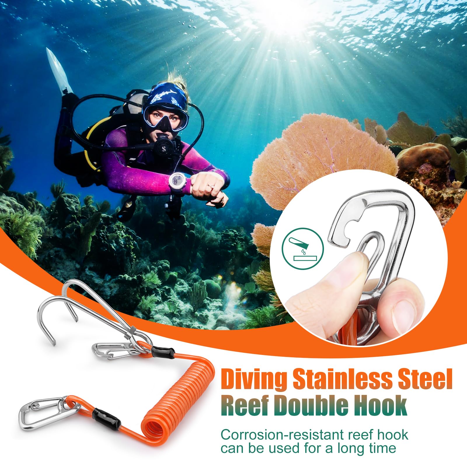 Crochet De Plongée Reef Drift – Double Crochet Acier Inox 316, Corde Phosphorescente 1,24 M, Joint Torique, Pour Ancrage Et Stabilisation Sous-marine
