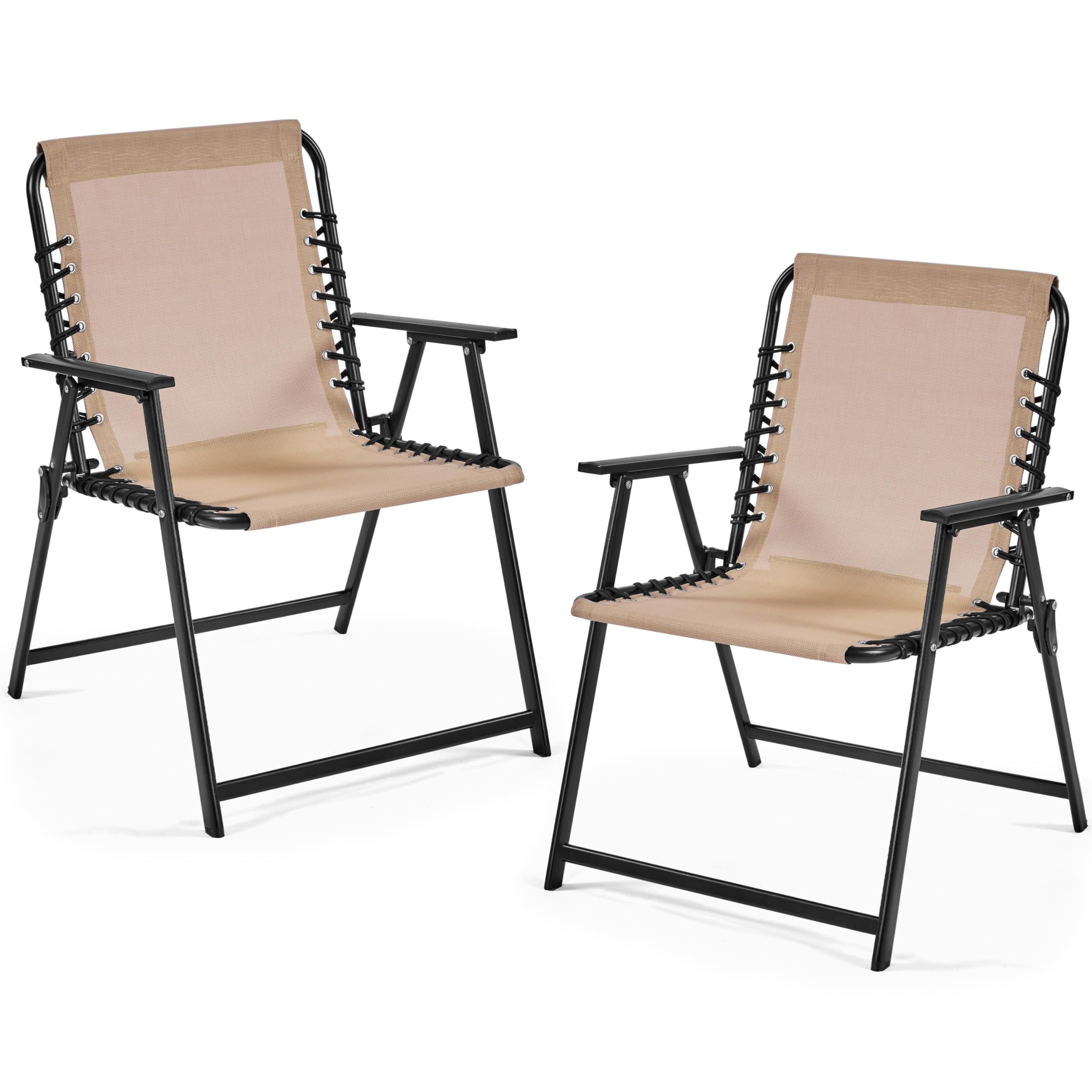 Yaheetech Set of 2 Outdoor Folding Chairs, 550g Texteline All-Weather Patio Dining Chairs with Backrest & Armrests for Garden, Lawn, Pool, Yard, Beach, Beige