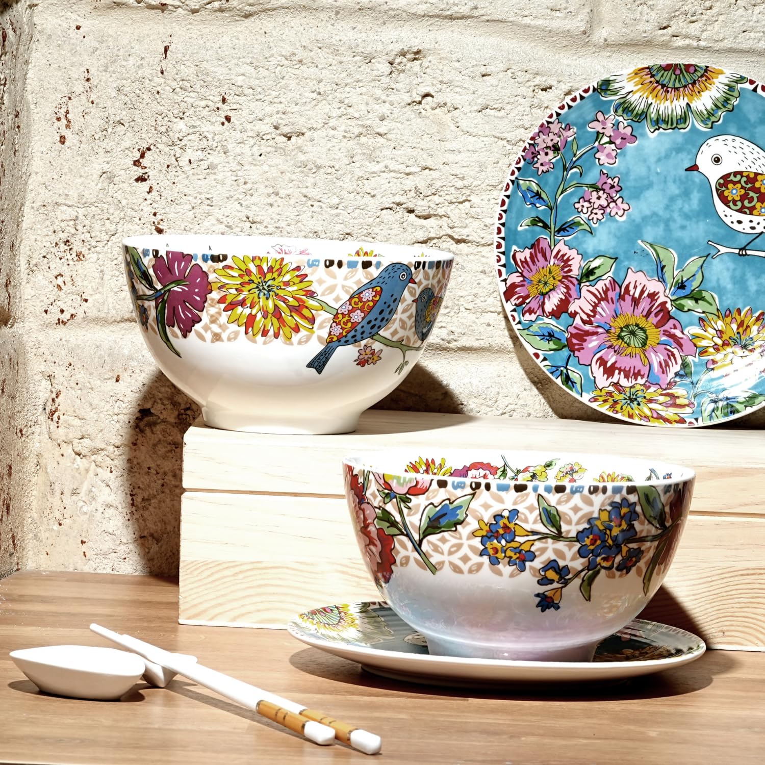 Insalatiera Porcellana Japan Birds Servizio Elegante e Raffinato Uccelli Giapponesi Adatto a Lavastoviglie Forno e Microonde (23 x 9 cm)