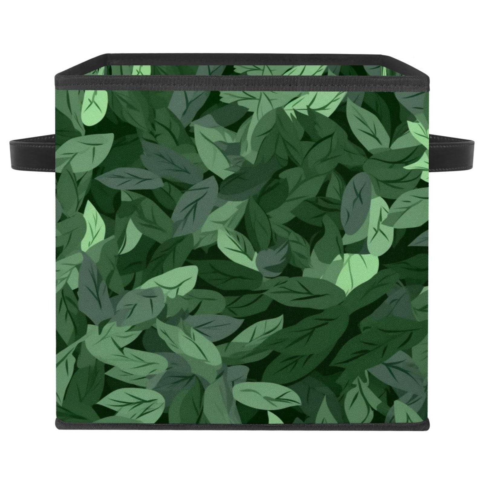Boîte de rangement pliable durable à poignées en cuir et grand cube à motif feuilles vertes