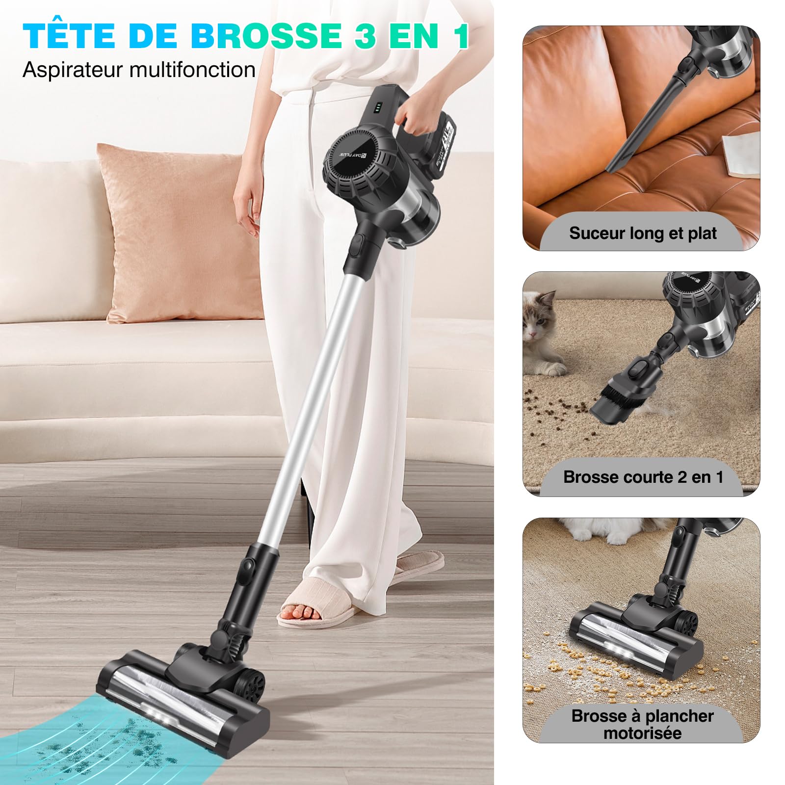 3 en 1 Aspirateur Balai sans Fil, 65 Minutes Autonomie Aspirateur sans Fil Puissant 15000Pa, Aspirateur 2 Vitesses, Aspirateur Vertical Filtre HEPA pour Les Poils d'animaux/Tapis/Sols Durs, 140W