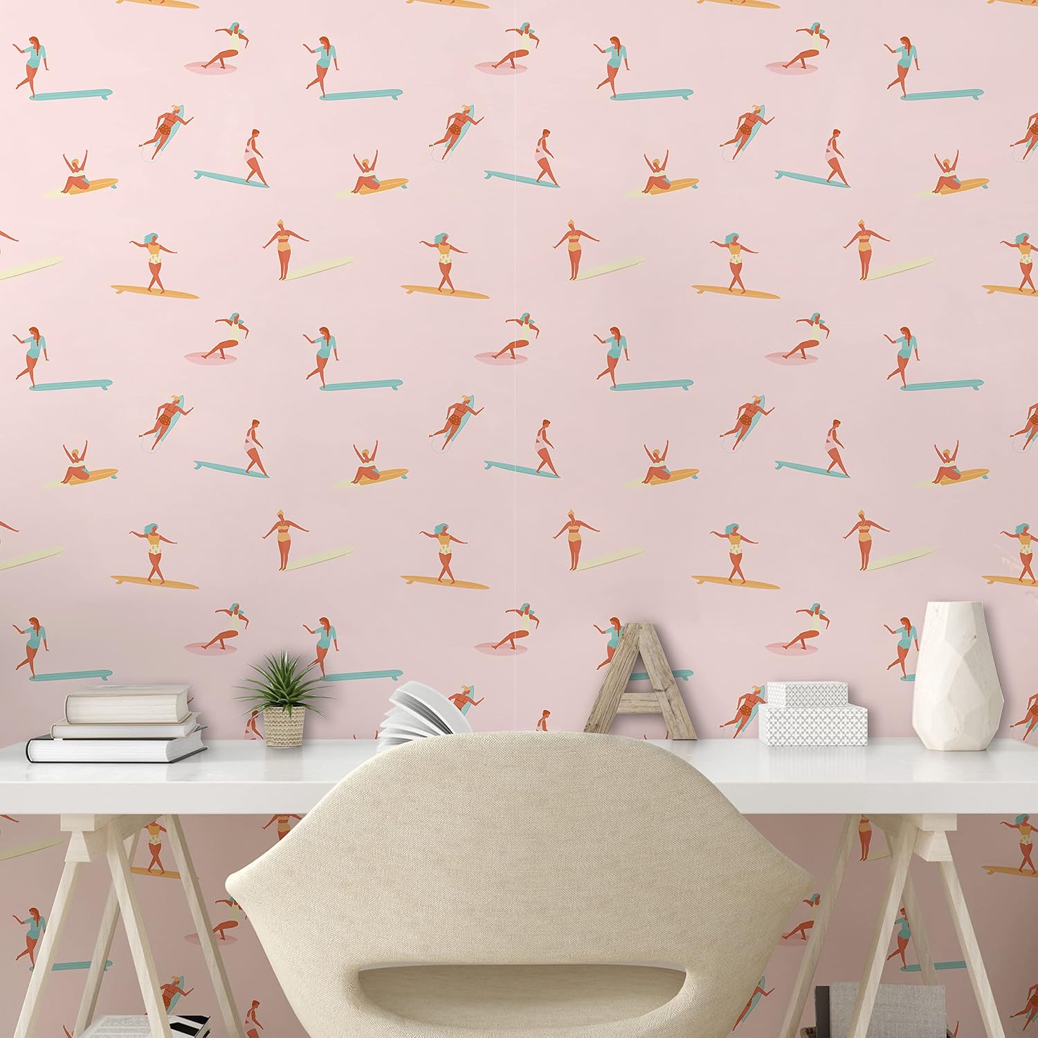 Lunarable Retro Peel & Stick Wallpaper for Home, Surfer Girls Silhouettes in Swimsuits Summer Extreme Sports Pastel Background, Self-Adhesive Living Room Kitchen Accent, 13" x 36", Pale Pink Cinnamon