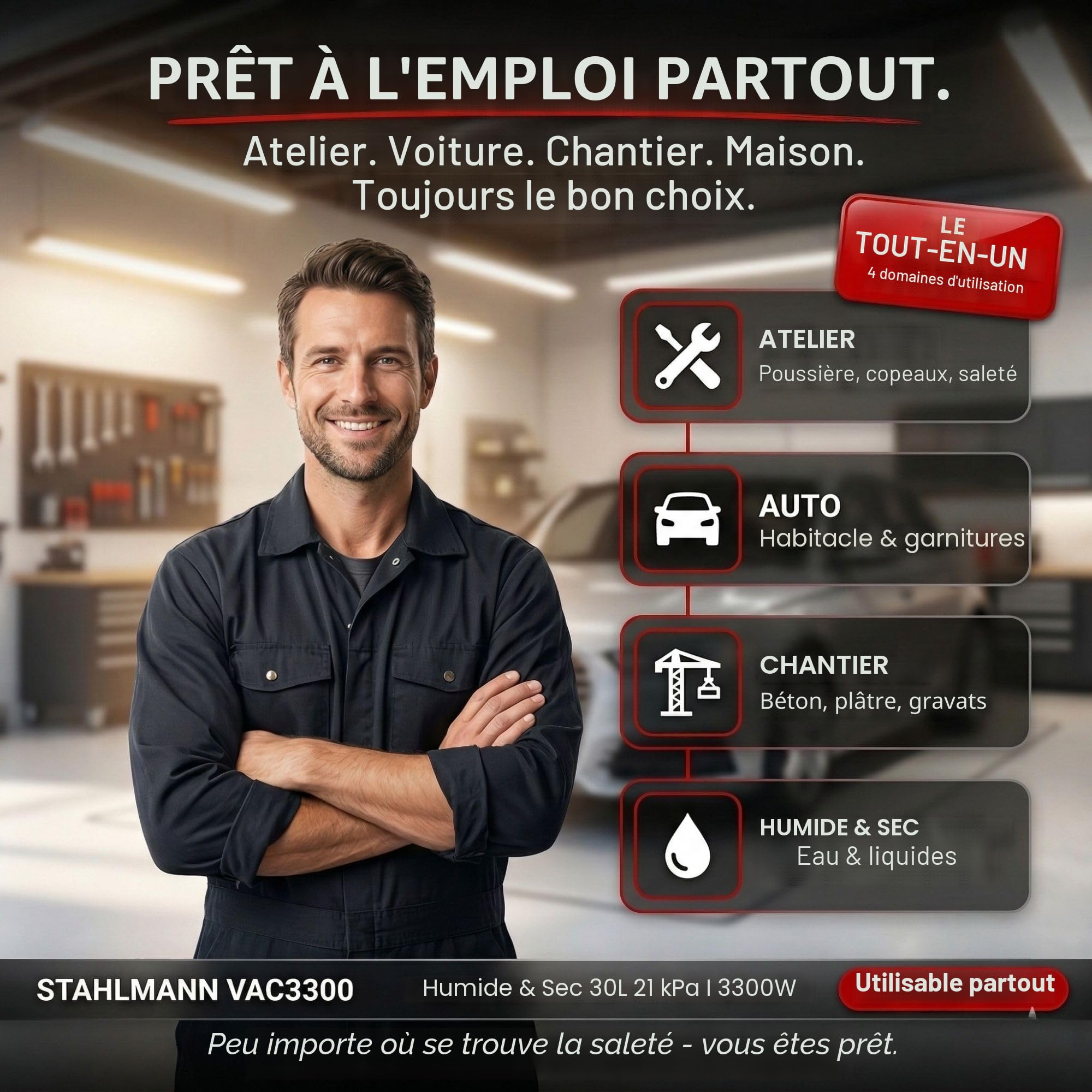 STAHLMANN VAC3300 Aspirateur industriel - Réservoir de 30 l - Prise intégrée - Puissant 3300 W - Avec et sans sac - Fonction soufflage - Connexion machine - Appareil professionnel - Aspirateur