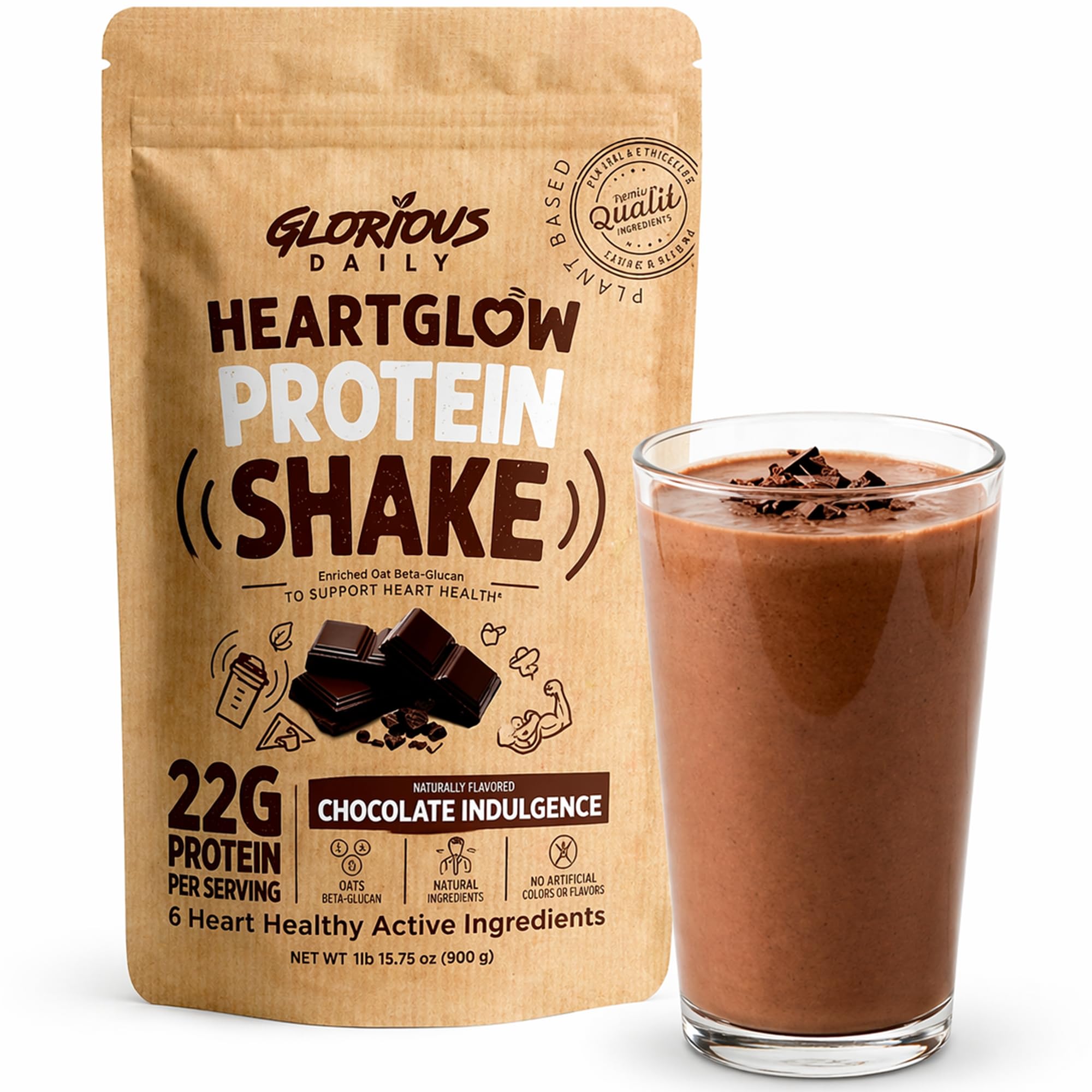 HeartGlow Chocolate Indulgence Protein Shake | 22g Organic Pea Protein, 7g Fiber, CoQ10, Omega 3-6-9 & Cocoa Flavanols | Vegan, Non-GMO | 15 Servings