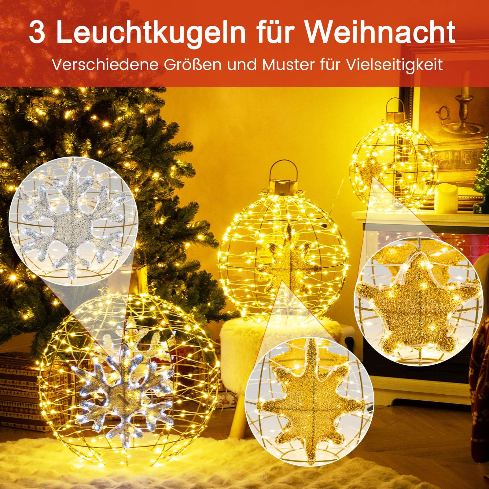 COSTWAY 3er Set LED Dekokugel, Leuchtkugel, Weihnachtsdeko, Weihnachtsbeleuchtung für innen und außen