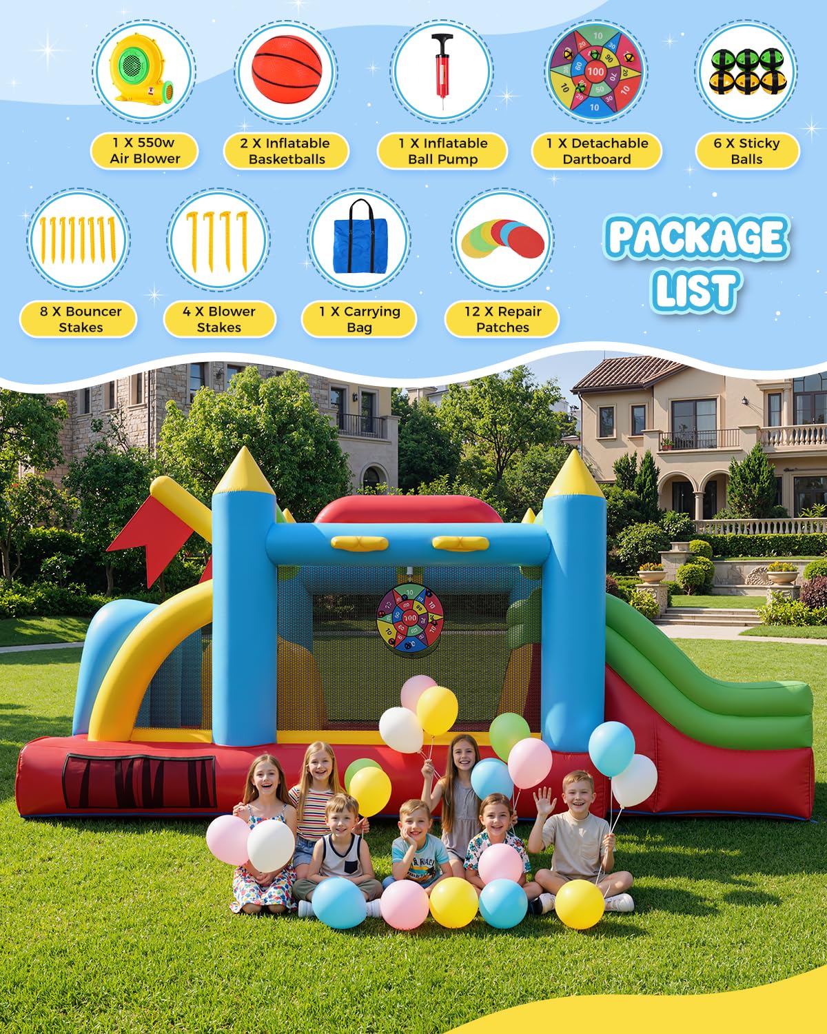 AKEYDIY Château gonflable pour enfants, parcours d’obstacles gonflable de 4,7 x 2,7 m avec zone de saut, doubles toboggans, tunnels, murs d’escalade, paniers de basket, cibles, château gonflable pour