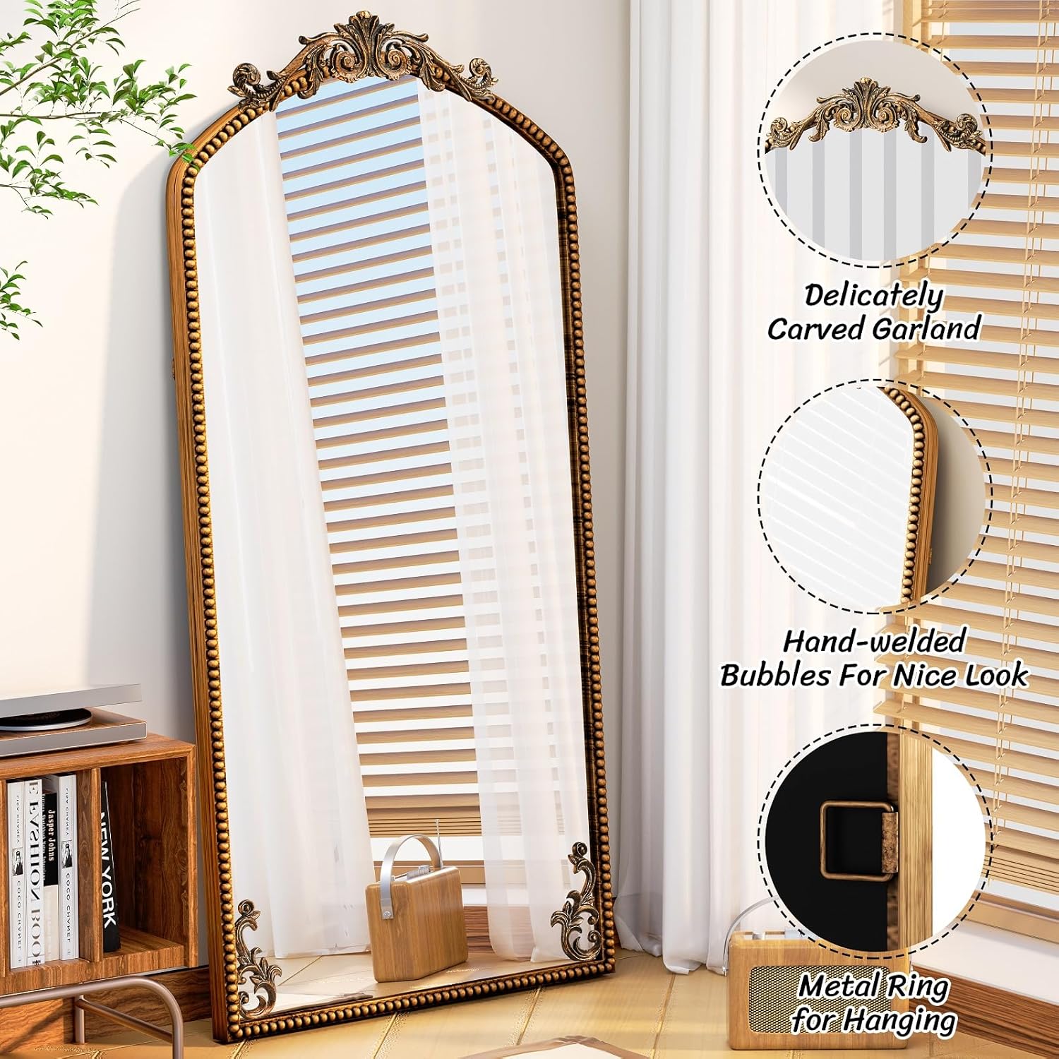 Gold Arched Full Length Mirror 71"×32", Large Traditional Vintage Baroque Inspired Floor Mirror, Ornate Antiqued Bronze Mirror for Wall, Living Room/Bedroom/Hallway/Home Decor