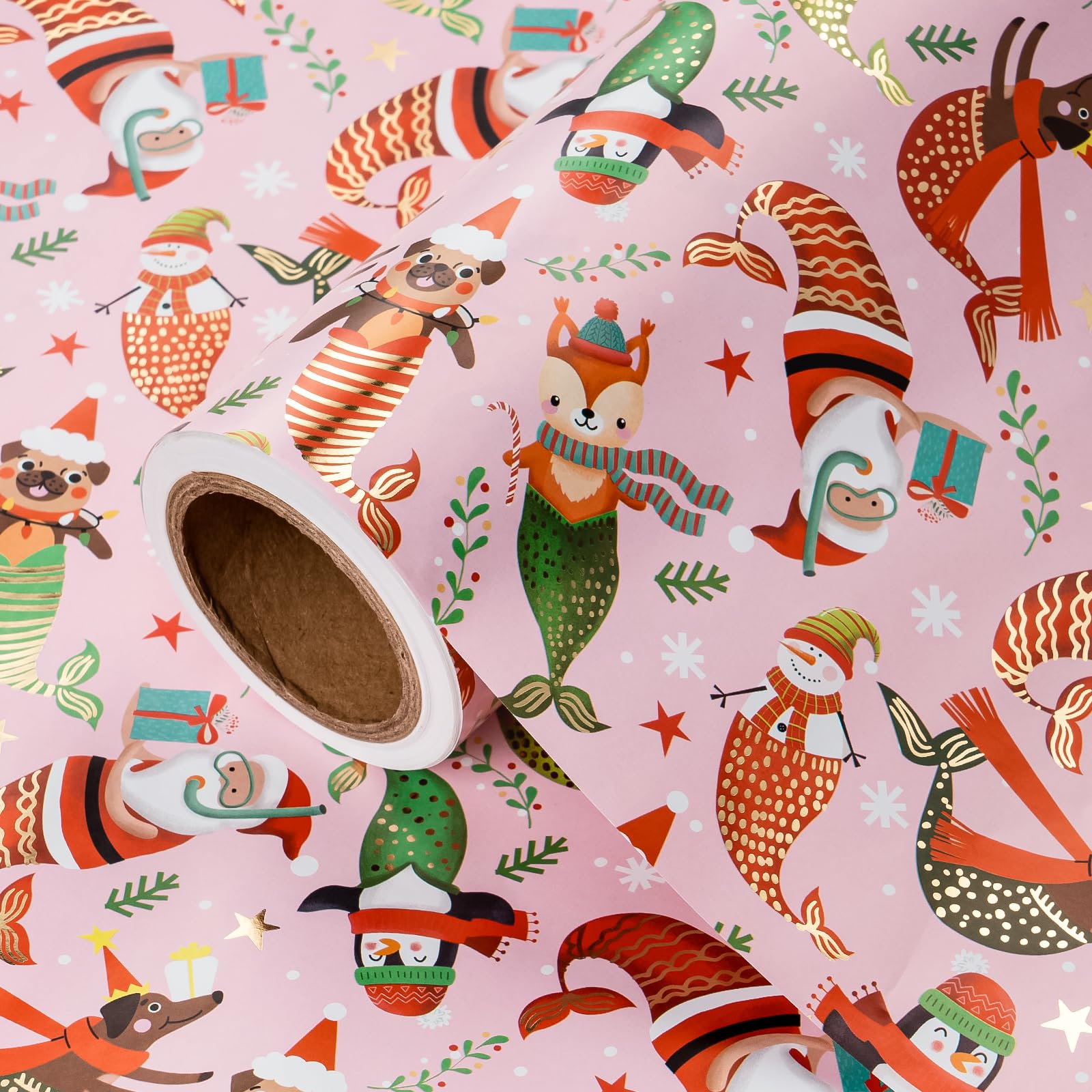 WRAPAHOLIC Mermaid Christmas Wrapping Paper Roll - Mini Roll - 17 Inch x 16.5 Feet - Santa Mermaid Wrapping Paper for Girls Kids, Christmas, Holiday, Party Celebration