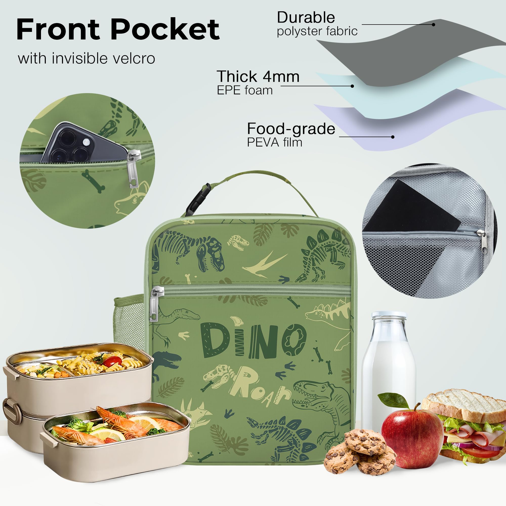 CaCTOUR Expandable Insulated Lunch Box For Kids & Adults - Soft Cooler Bag With Strap, Back To School, Work, Picnic (Dinosaur)